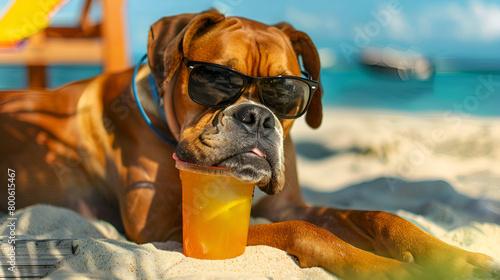 Boxer Dog Enjoying a Sunny Beach Day, Wearing Sunglasses and Laying on the Sand for Summer Vacations © Dawid