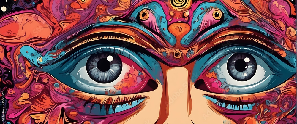 A captivating psychedelic illustration featuring intense, detailed eyes amidst a sea of vivid shapes and colors, symbolizing perception and insight