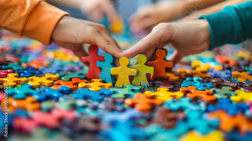 Human hands connecting colorful puzzle pieces, symbolizing teamwork, unity and importance of working together towards common goal. Teamwork and collaboration concept with connecting puzzle pieces.