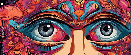 A captivating psychedelic illustration featuring intense, detailed eyes amidst a sea of vivid shapes and colors, symbolizing perception and insight