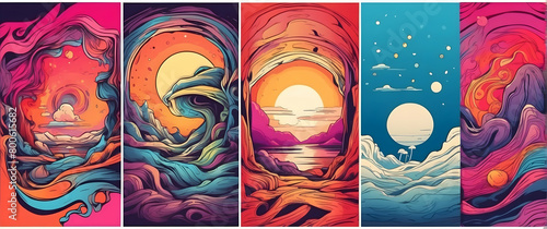 A quintet of panels depicting ocean waves in various stages, portrayed in an array of vivid, flowing colors, evoking emotion and tranquility photo