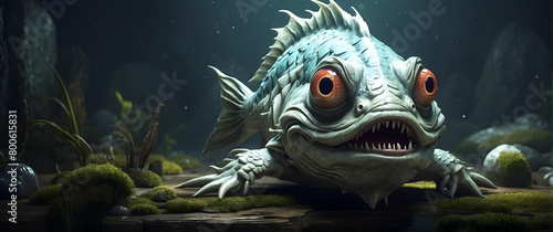 An intricately detailed image of a large-eyed, fantastical fish creature surrounded by a dark, enigmatic swamp setting