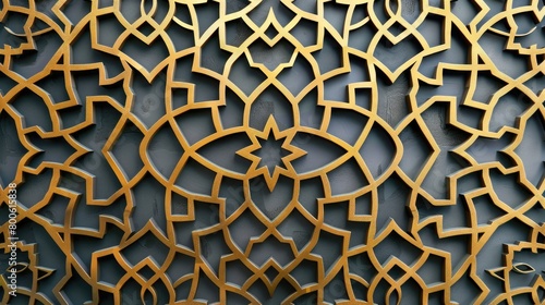 Islamic gold ornament vector on a geometric 3d shape background. Arabic pattern texture with traditional motifs.