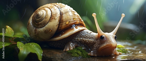 A hyper-realistic image of a snail traversing wet leaves under rain, showcasing the beauty of nature