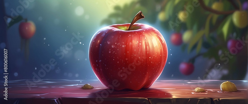 A digitally created image featuring a vibrant red apple with water droplets, set in an enchantingly lit backdrop photo