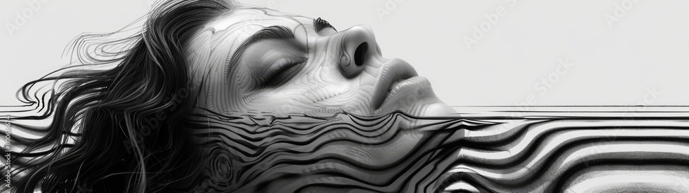Skizze des Gesichts eines Mädchens mit schwarz-weißer Strichzeichnung einer weiblichen Figur. Konzept: Mode und Stil Skizze des Gesichts eines Mädchens mit schwarz-weißer Strichzeichnung einer weiblichen Figur. Konzept: Mode und Stil