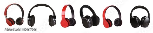 A set of three-dimensional wireless headphones in red and black on a white isolated background