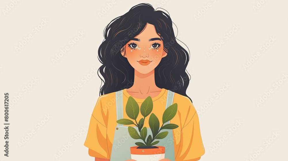 Simple illustration in cartoon style of woman holding plant in ceramic pot Simple illustration in cartoon style of woman holding plant in ceramic pot