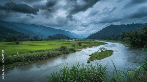 Malaysian countryside paddy field mountain river cloudy sky