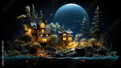 a illustration small miniature house lit up in the darkness in the style of exotic fantasy landscapes © positfid