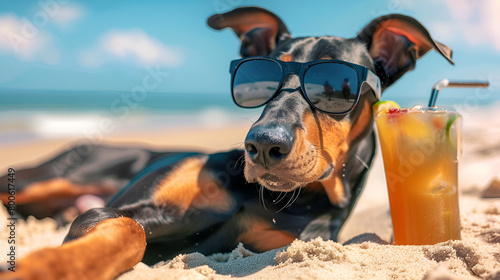 Doberman Pinscher Dog Laying on the Beach, Wearing Sunglasses, and Relishing the Summer Vacation Atmosphere
