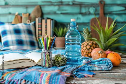 Azure table with an Aqua bottle  Blue pencils  Pineapples  Oranges  and a book