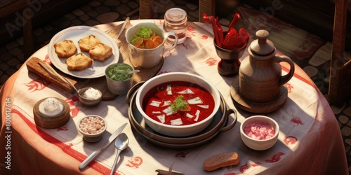 table is filled with a delicious bowl of borscht soup and an assortment of plates of food.