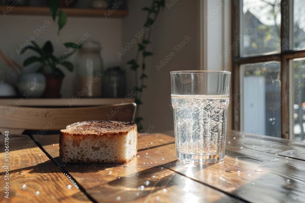 Toast and water on tableware a perfect combination of food and drink Toast and water on tableware a perfect combination of food and drink