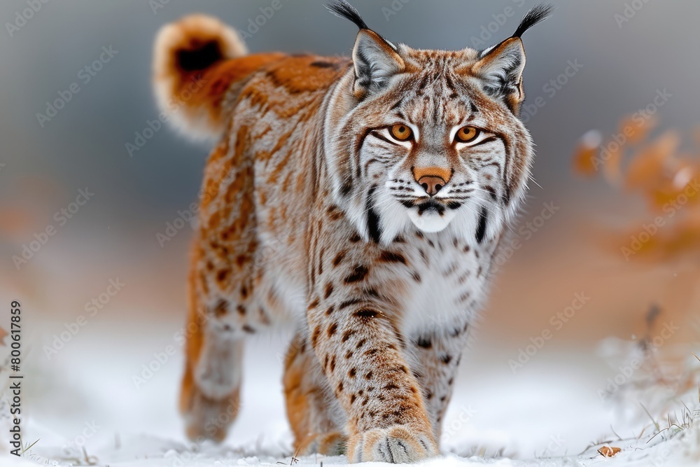 Fototapeta premium a lynx is running through the snow and looking at the camera