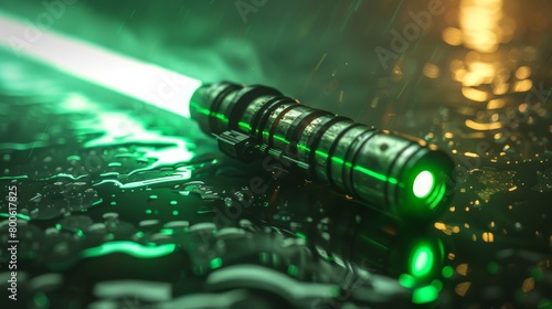 Illuminated green lightsaber on background 