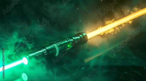 Illuminated green lightsaber on background 