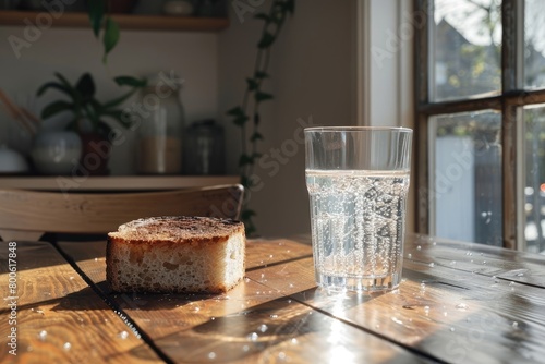 Toast and water on tableware a perfect combination of food and drink