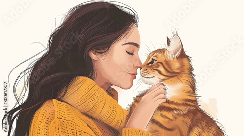 Closeup portrait illustration of young woman cuddling and hugging ginger cat