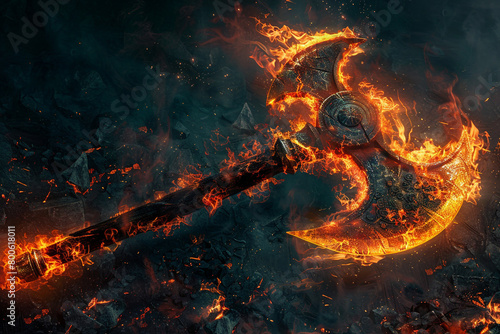 Infernal demon's hellfire battle axe, its flames consuming everything in its path. photo