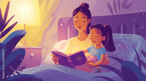 Mom reads a bedtime story to her little daughter in bed. AI generative..