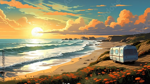a illustration Extraordinary Muted Art in the style, Camper parked along a sandy beach, sand dunes with beach grass and ivy photo