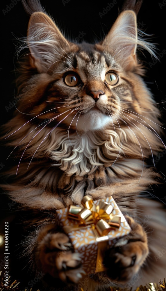 Felidae presents a Christmas ornament in front of a holiday tree