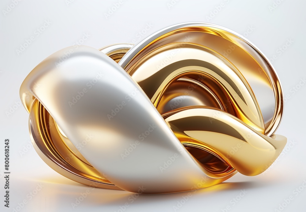 Sculptural Abstract Design. Intertwined Golden Ribbons in 3D on a White Backdrop.