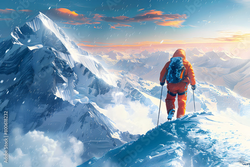 Mountaineer climbing snowy peaks, extreme winter trek adventure, video game concept art, explorer in harsh environment, survival challenge