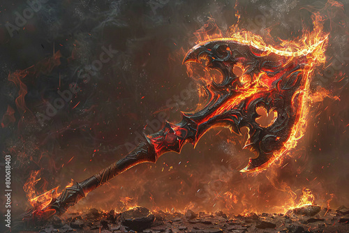 Infernal hellhound's fiery battle axe, its blade forged in the flames of the underworld.