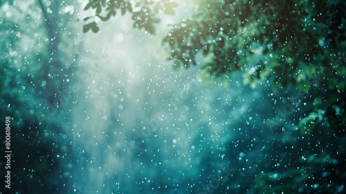 A blurry image of a forest with rain falling on the leaves. Scene is serene and peaceful, as the rain creates a calming atmosphere © Sarbinaz Mustafina