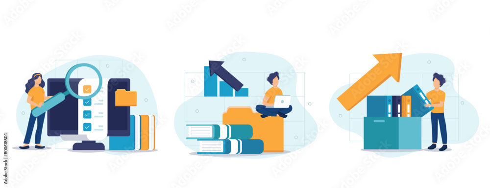 Office workers organizing data storage and file archive on server or computer. PC users searching documents on database. Vector illustration set for information technology, source concept Office workers organizing data storage and file archive on server or computer. PC users searching documents on database. Vector illustration set for information technology, source concept