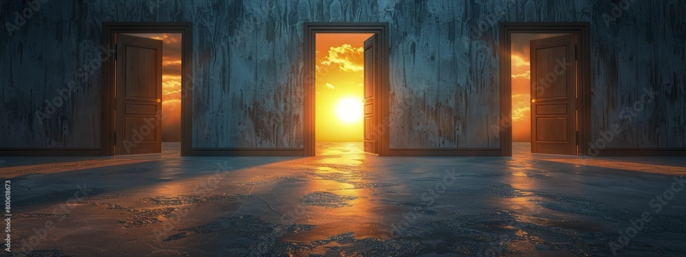 Experience the transformative path of career growth, symbolized by a series of doors unveiling brighter opportunities at each stage.