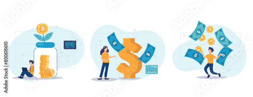 Passive income illustration set. Characters enjoying financial freedom and independence. Successfully and free of debts people planning budget. Vector illustration.