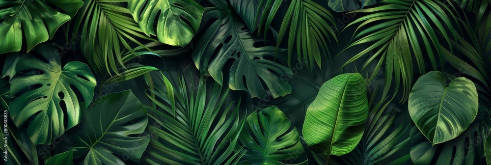 A lush green background with leaves of various sizes. The leaves are all green and appear to be in a jungle setting A lush green background with leaves of various sizes. The leaves are all green and appear to be in a jungle setting