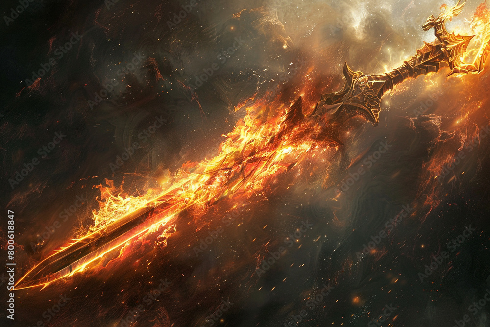 Infernal sword engulfed in hellfire, its ominous presence casting a dark shadow on the white void.