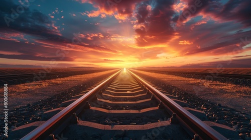Sunset, railroad tracks leading to horizon under majestic skies