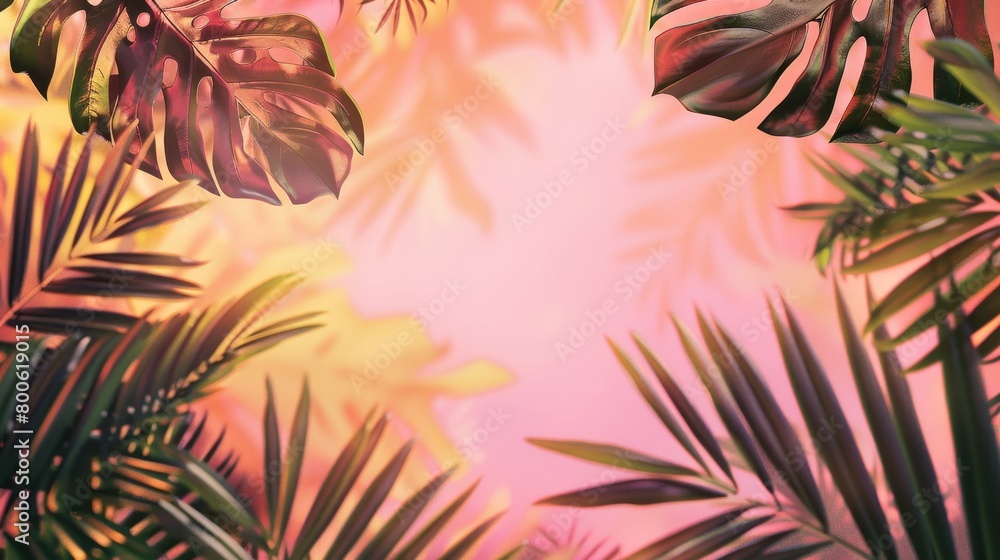 A tropical scene with a pink background and green leaves. The leaves are in various sizes and are spread out across the image A tropical scene with a pink background and green leaves. The leaves are in various sizes and are spread out across the image