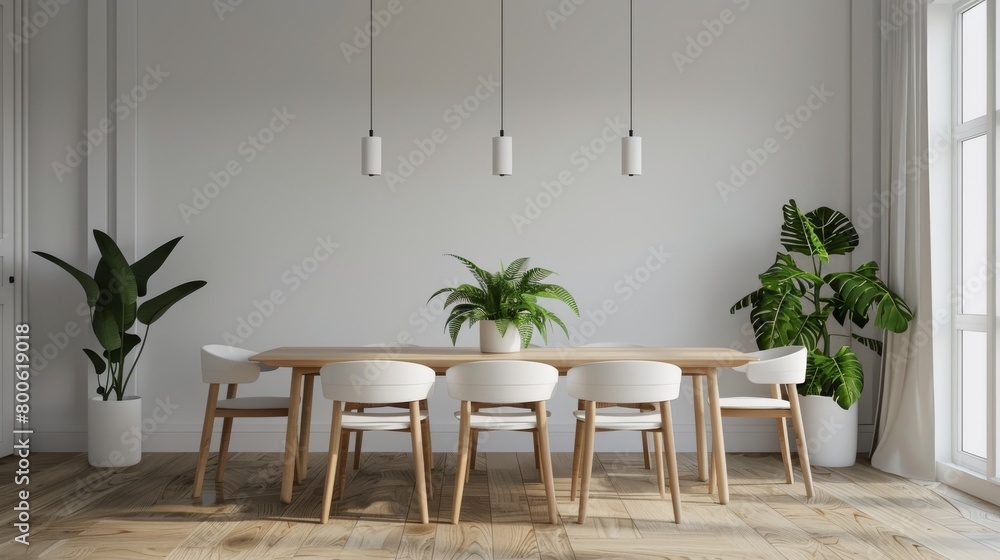 Modern minimalist dining room with plants and natural lighting Modern minimalist dining room with plants and natural lighting