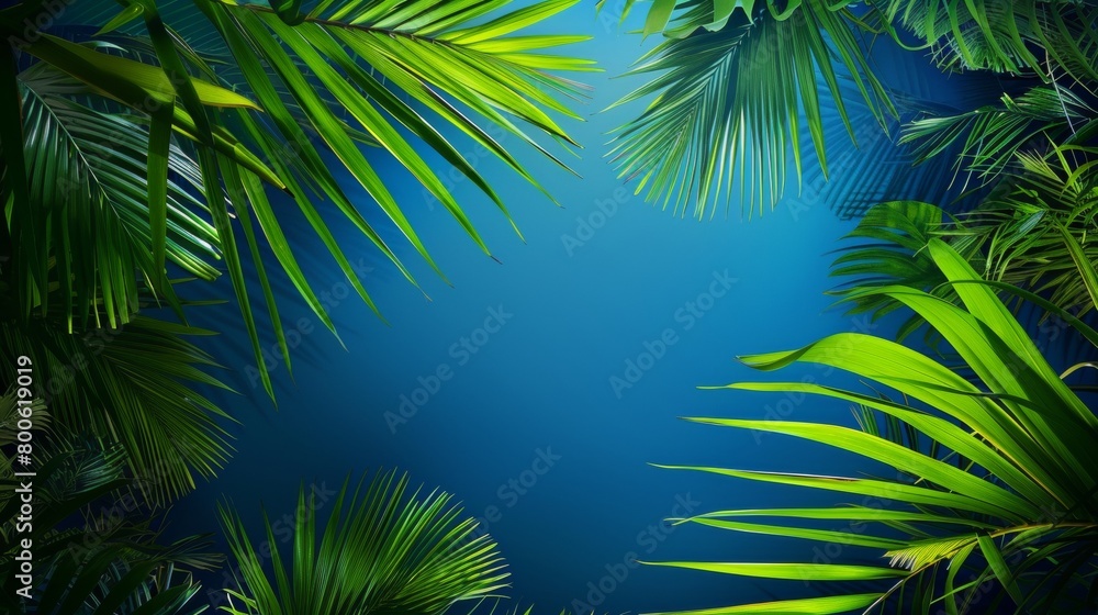 A close up of a leafy green forest with a blue sky in the background. Concept of tranquility and serenity, as the lush green leaves and clear blue sky create a peaceful and calming atmosphere