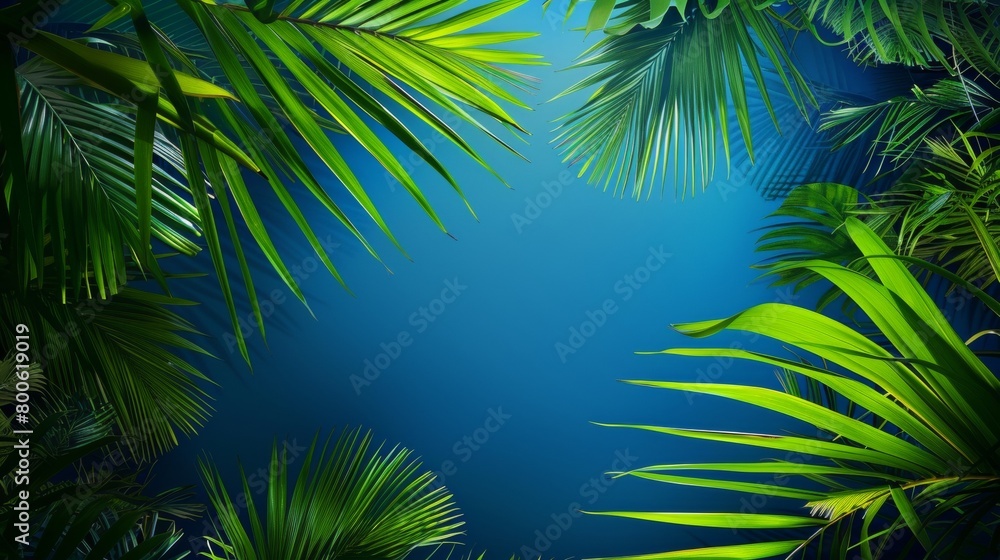 Fototapeta premium A close up of a leafy green forest with a blue sky in the background. Concept of tranquility and serenity, as the lush green leaves and clear blue sky create a peaceful and calming atmosphere