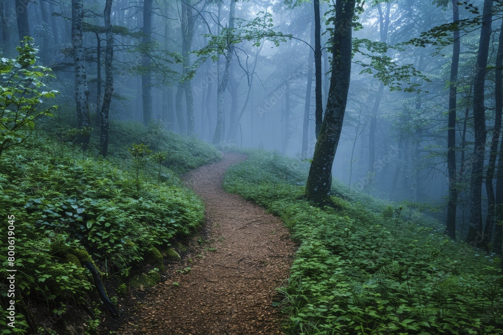 Obraz premium Footpath winding through misty woods, depicting the unclear yet hopeful path to personal goals, in ethereal morning mist, suitable for introspective content and nature retreats.