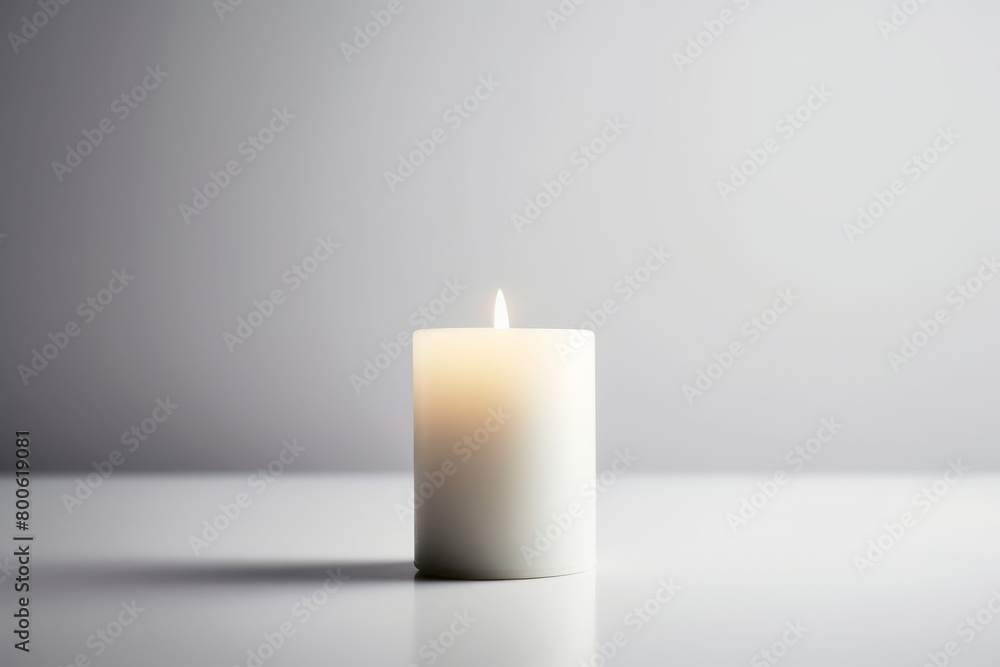 Tranquil white candle glowing against a soft background Tranquil white candle glowing against a soft background