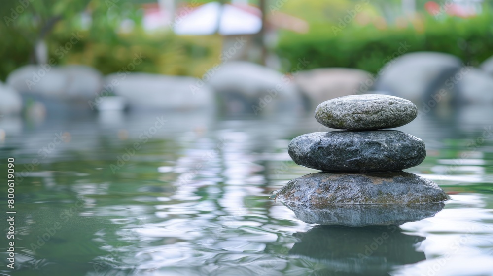 Tranquil zen garden with serene water and balanced stones