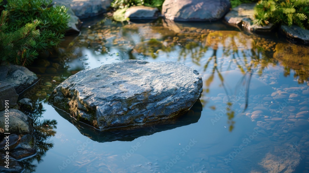 Tranquil garden pond with large serene rocks and lush greenery Tranquil garden pond with large serene rocks and lush greenery