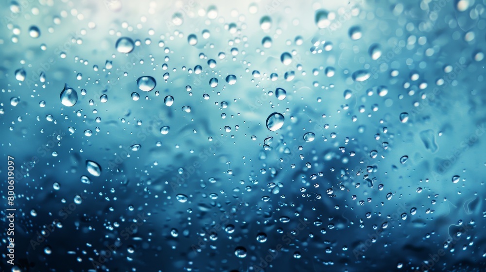 A blurry blue background with water droplets on it. The water droplets are scattered all over the background, creating a sense of movement and fluidity