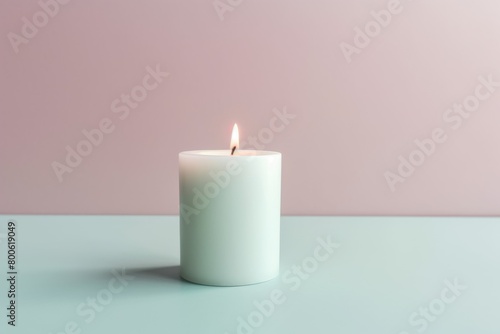 Serene white candle with flame on pastel background