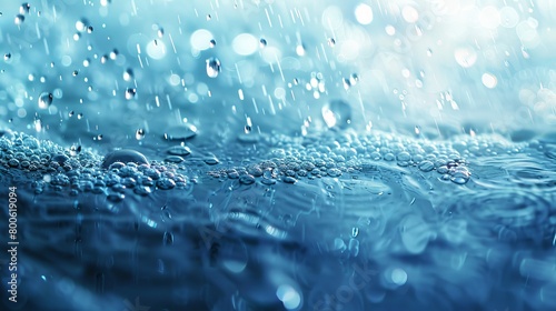 A blurry blue background with water droplets on it. The water droplets are scattered all over the background  creating a sense of movement and fluidity