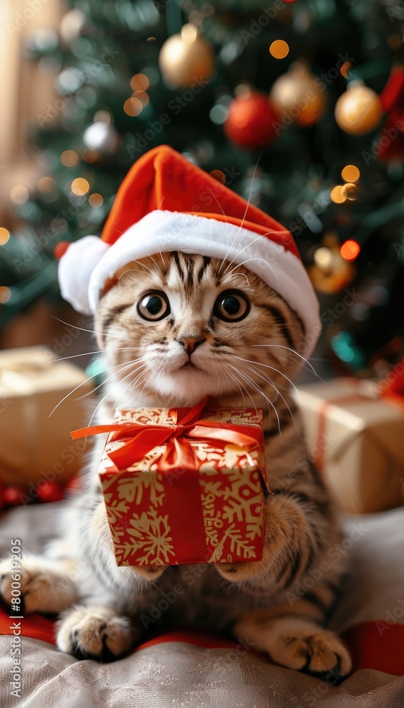 Felidae presents a Christmas ornament in front of a holiday tree Felidae presents a Christmas ornament in front of a holiday tree