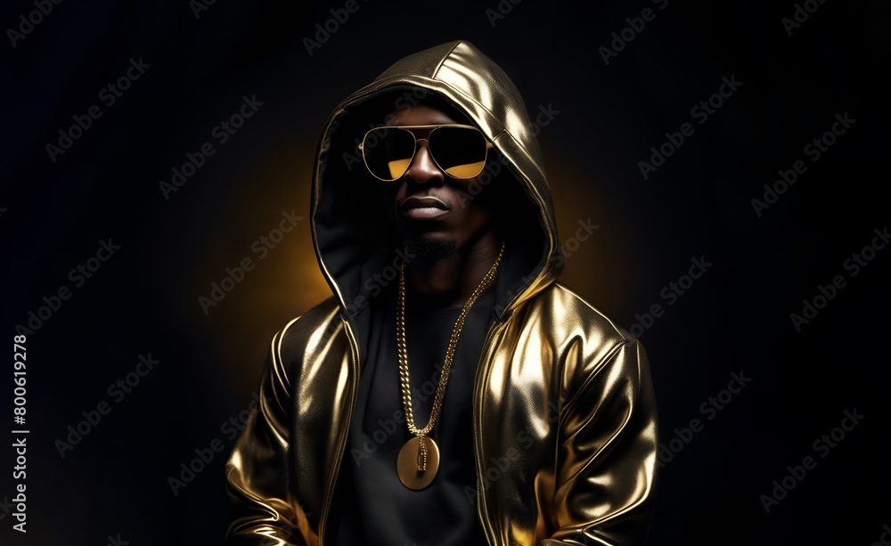 Rapper wearing a golden jacket with hoodie and sunglusses. Portrait of a hip hop artist Rapper wearing a golden jacket with hoodie and sunglusses. Portrait of a hip hop artist